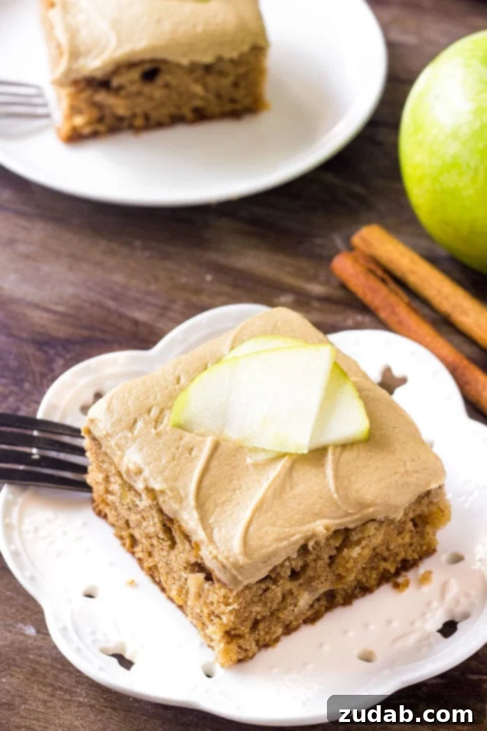 Decadent Caramel Apple Cake 2 A slice of apple cake with caramel frosting topped with apple slices