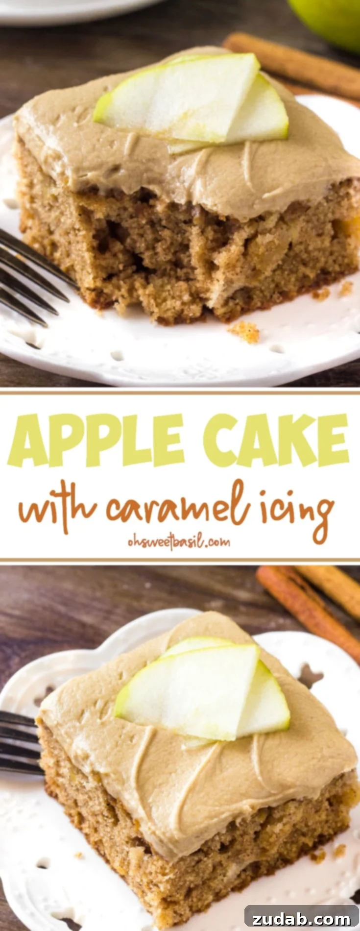 Decadent Caramel Apple Cake 7 A slice of apple cake with caramel frosting topped with apple slices