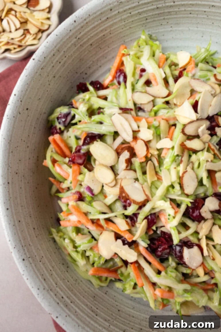 A large bowl of fresh broccoli slaw mixed with sliced almonds, dried cranberries, and shredded carrots, ready to be served as a healthy side dish.