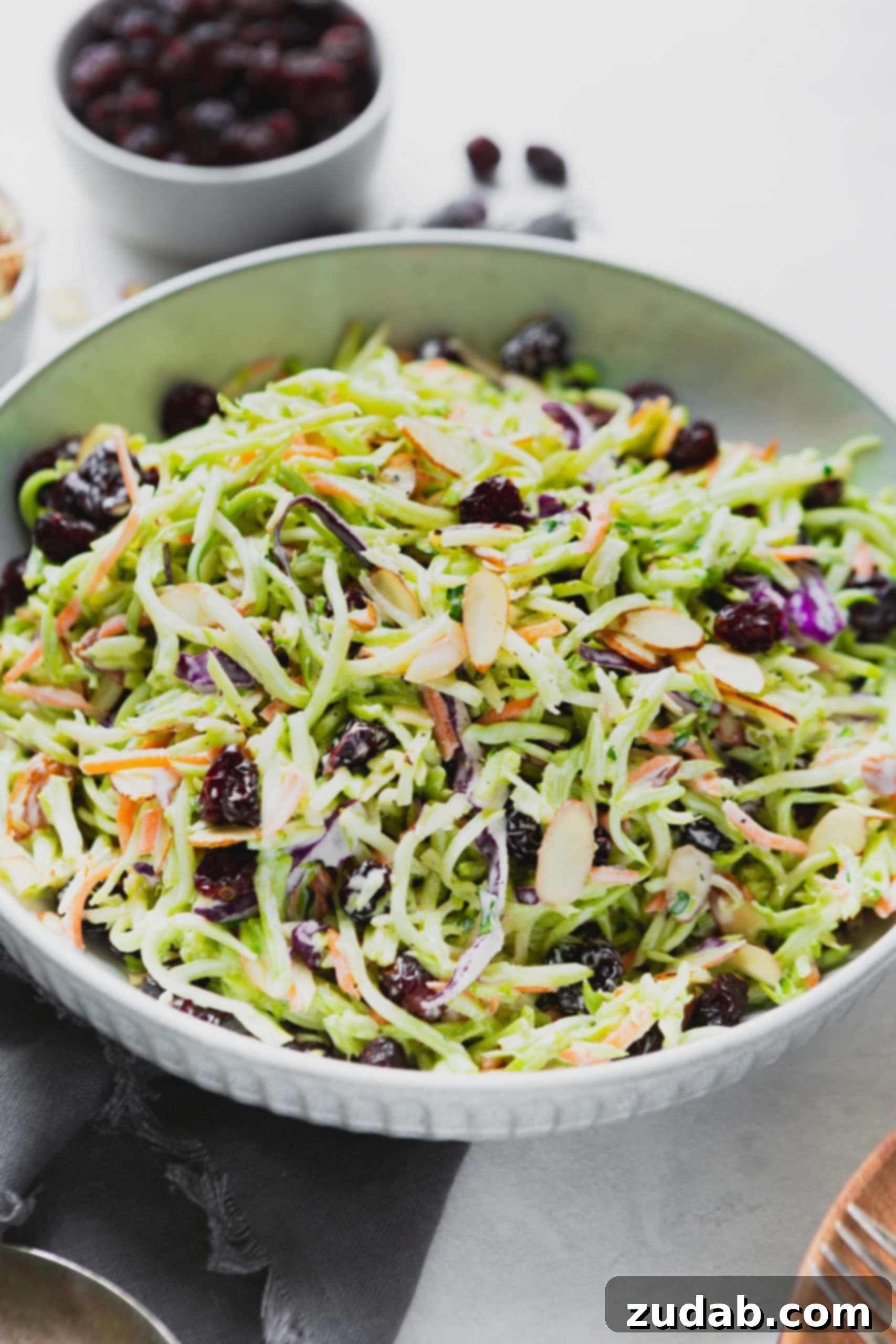 A photo of broccoli slaw in a big white ceramic bowl with sliced almonds on top.