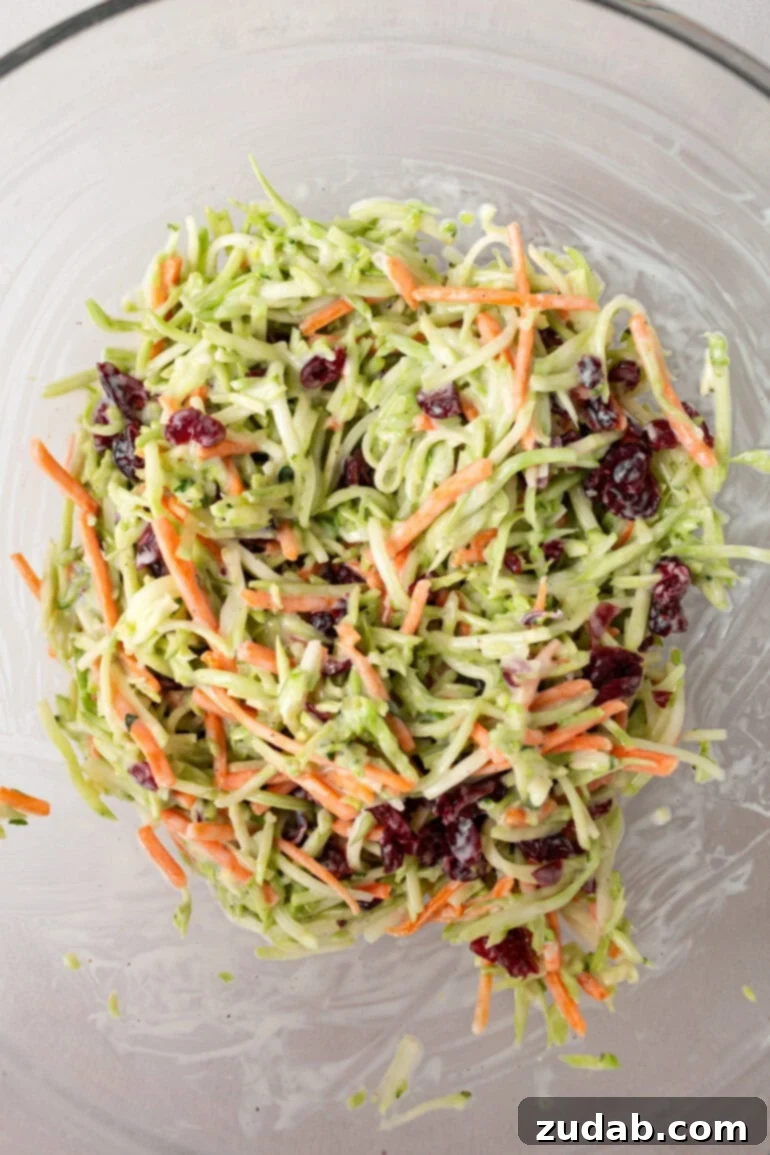 Close-up of a creamy homemade dressing being whisked in a small bowl, showcasing the consistency before adding to the vegetables for broccoli slaw.