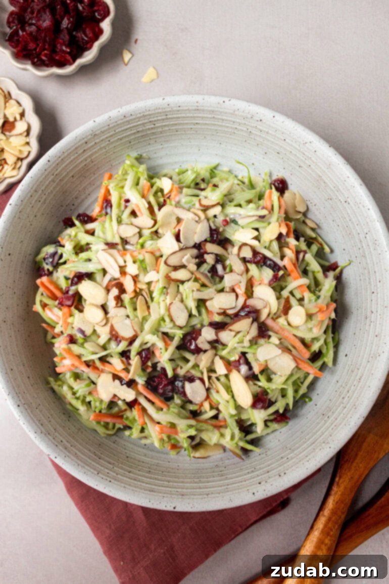 A plate brimming with colorful broccoli slaw, featuring shredded broccoli, carrots, sliced almonds, and craisins, all coated in a light, creamy dressing.