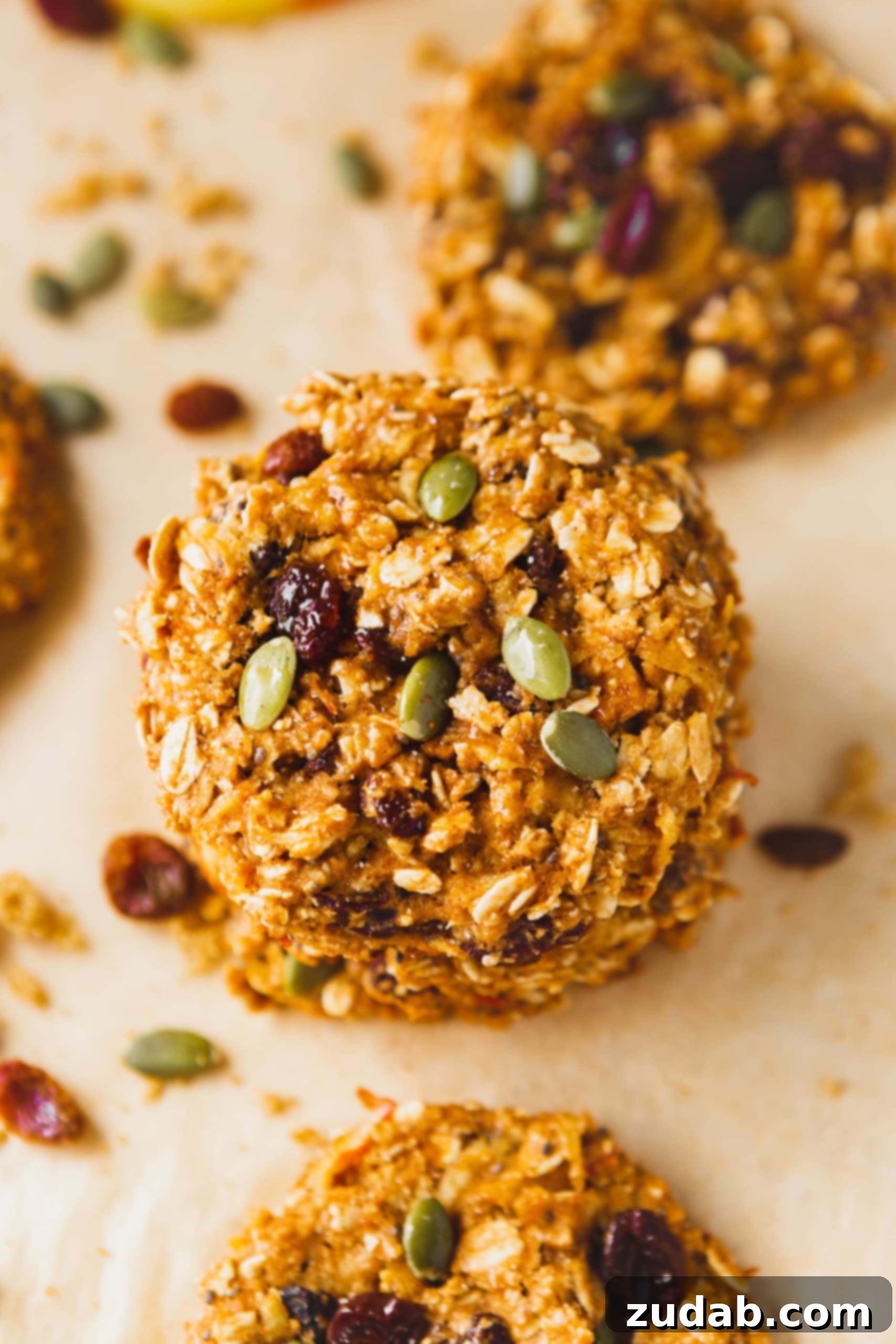 Healthy Apple Cinnamon Breakfast Cookies Two healthy apple cinnamon breakfast cookies, packed with wholesome ingredients like raisins and pepitas, stacked for a delightful presentation.