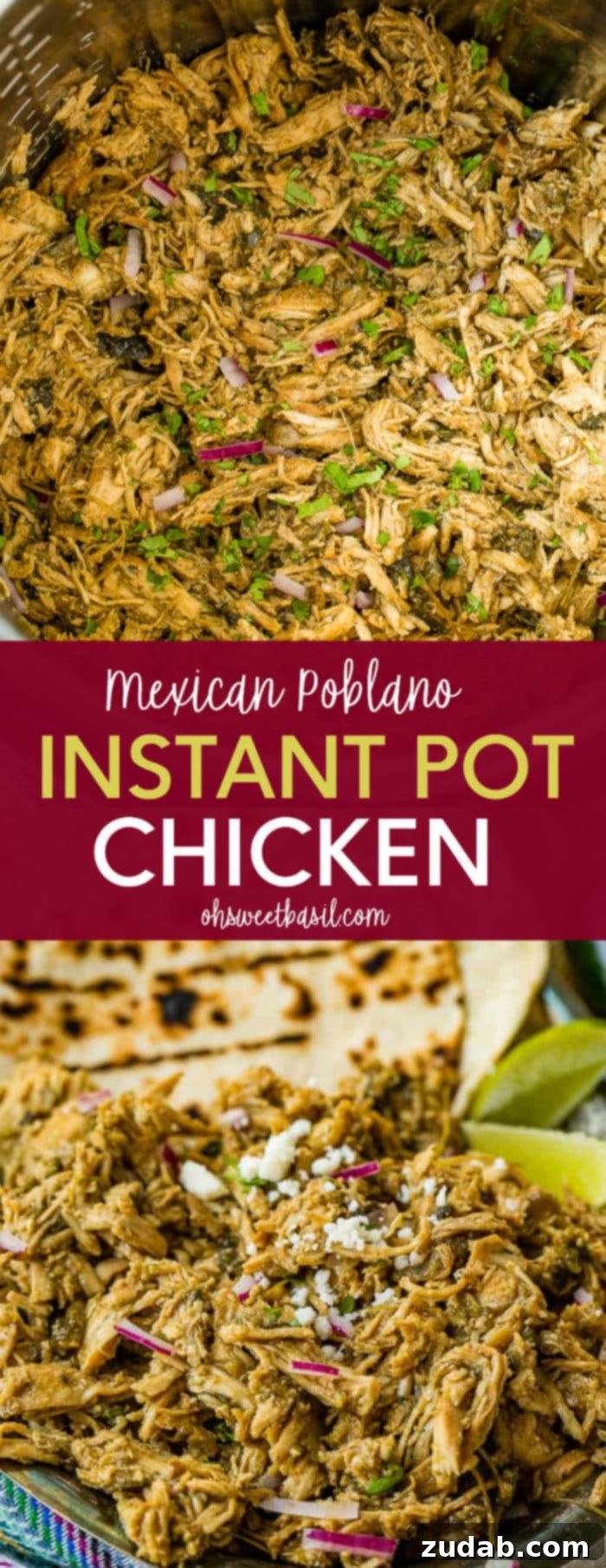 Creamy Instant Pot Poblano Chicken 7 A final close-up shot of an Instant Pot brimming with flavorful shredded Mexican Poblano Instant Pot Chicken, adorned with a fresh sprinkle of chopped cilantro, emphasizing its readiness and deliciousness.