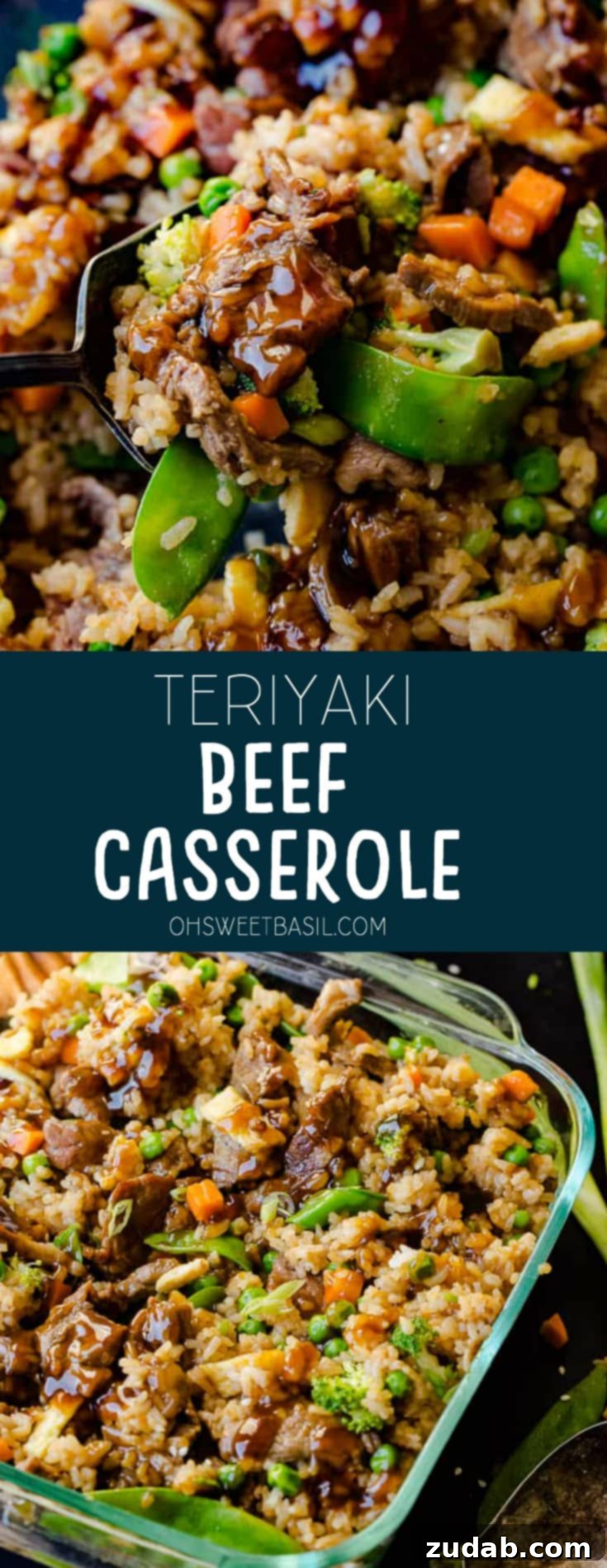 Teriyaki Beef Bake 7 A glass casserole dish with fried rice, carrots, peas, broccoli, snow peas, and teriyaki beef