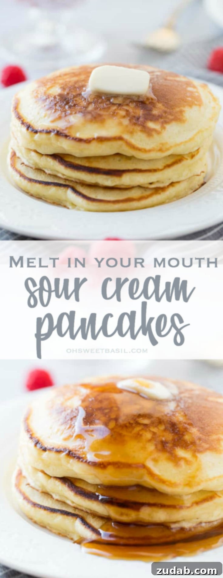 Cloud-Like Sour Cream Pancakes 7 A stack of fluffy pancakes with a little butter melting on top and a drizzle of syrup dripping down the side. Our recipe for melt in your mouth sour cream pancakes will become your new favorite.