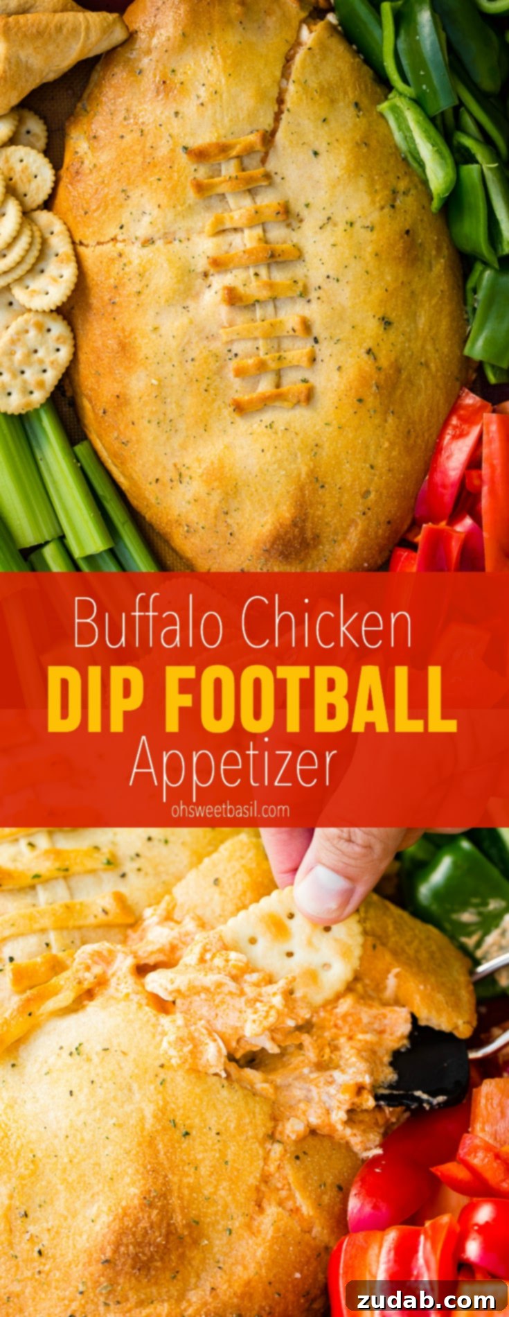 Touchdown Buffalo Chicken Dip 11 A cookie sheet with crackers, celery, peppers, and a football made out of crescent rolls and stuffed with buffalo chicken dip recipe
