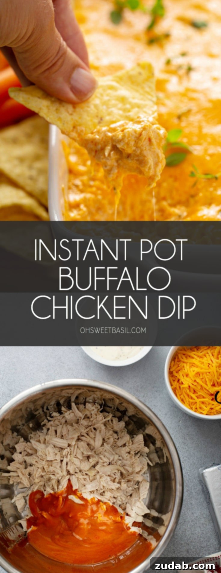 Creamy Instant Pot Buffalo Chicken Dip 3 A chip is being dipped into buffalo chicken dip. There is other chips and carrot sticks in the background.