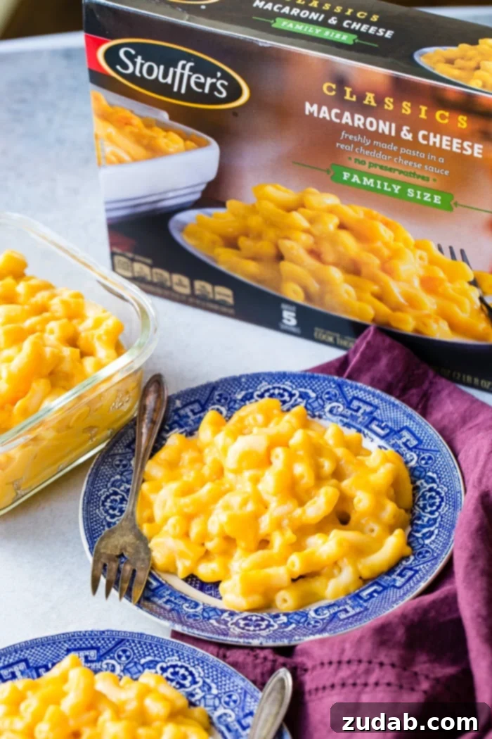 Effortless Garlic Roasted Vegetables 2 A comforting bowl of Stouffer's macaroni and cheese, ready to be paired with healthy roasted vegetables.