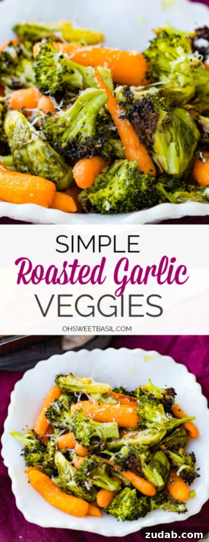 Effortless Garlic Roasted Vegetables 8 A beautifully presented white bowl filled with simple roasted garlic vegetables, including colorful carrots, crisp Brussels sprouts, and tender broccoli, adorned with a sprinkle of Parmesan cheese.