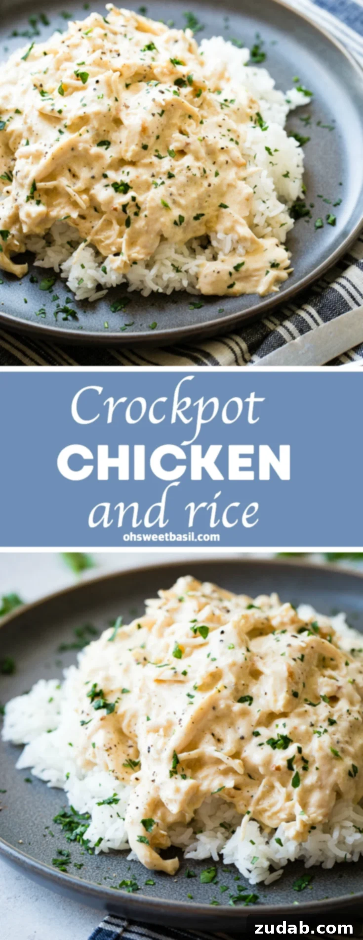 Set It and Forget It Chicken and Rice 9 A dark grey plate with a pile of white Jasmine rice with creamy crockpot chicken shredded over the top