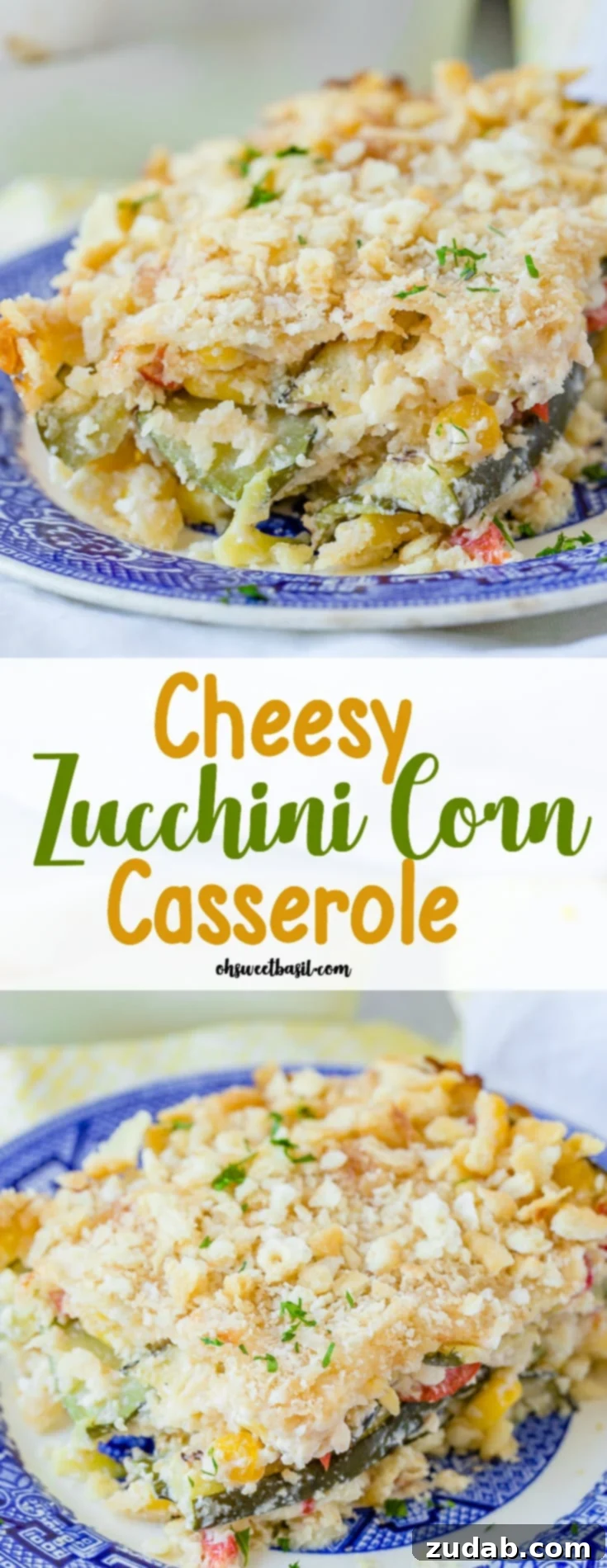 Golden Zucchini Corn Gratin 8 A large, rustic image of a full Cheesy Zucchini Corn Casserole, served in a ceramic dish, with fresh herbs and a wooden spoon, ready to be enjoyed.
