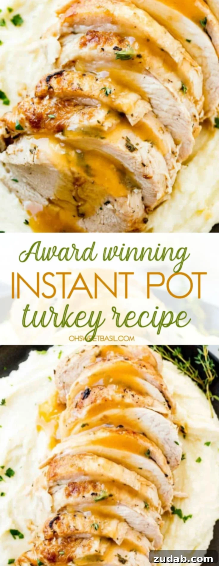 Award-Winning Instant Pot Turkey: The Ultimate Recipe 10 A large, beautifully composed photo of perfectly sliced turkey breast, generously drizzled with rich, savory gravy and adorned with fresh herbs, elegantly presented on a bed of fluffy mashed potatoes on a sophisticated black plate.