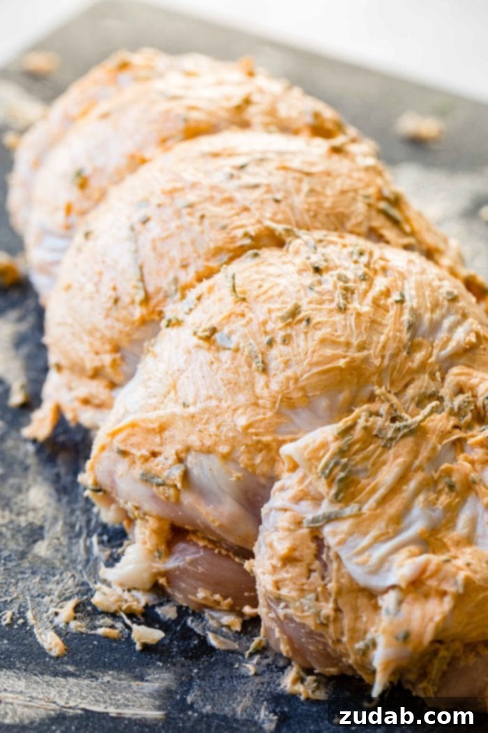 Award-Winning Instant Pot Turkey: The Ultimate Recipe 4 A raw, boneless turkey breast meticulously tied with butcher twine and generously coated with a rich mixture of butter and fresh herbs, ready for cooking.