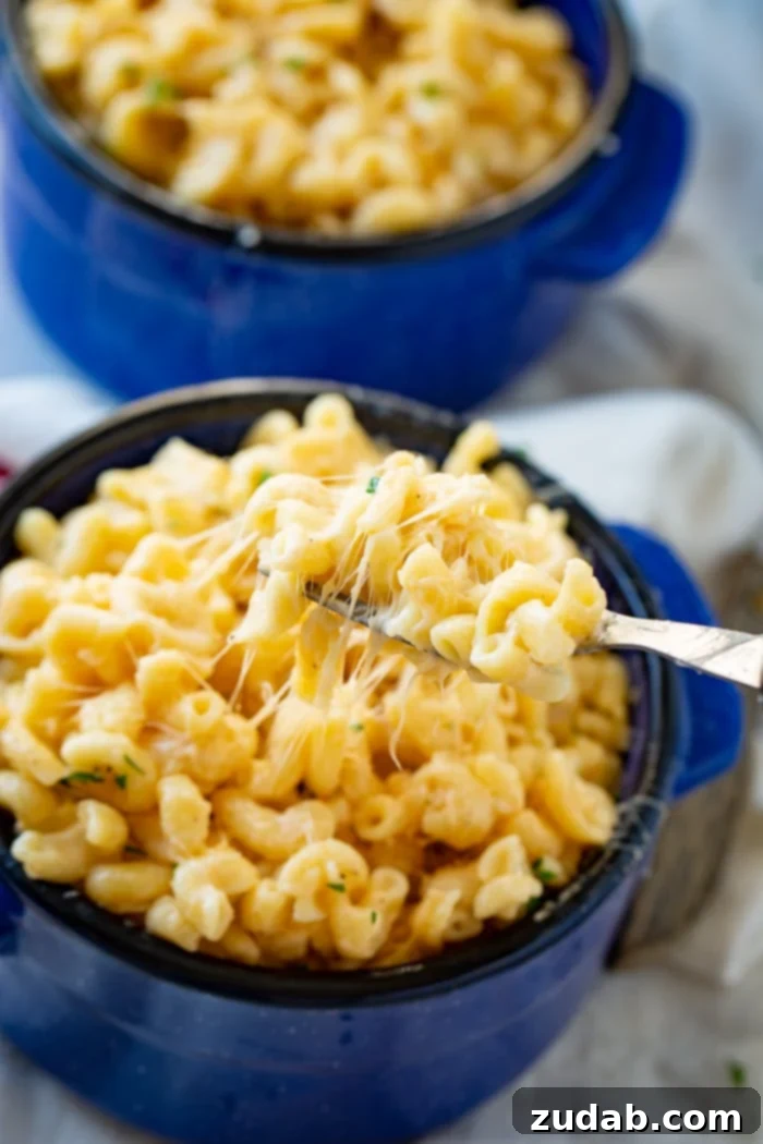 Creamy Instant Pot Southern Macaroni and Cheese 4 A vibrant blue dish full of perfectly cooked elbow macaroni coated in rich, creamy Instant Pot Southern Macaroni and Cheese.