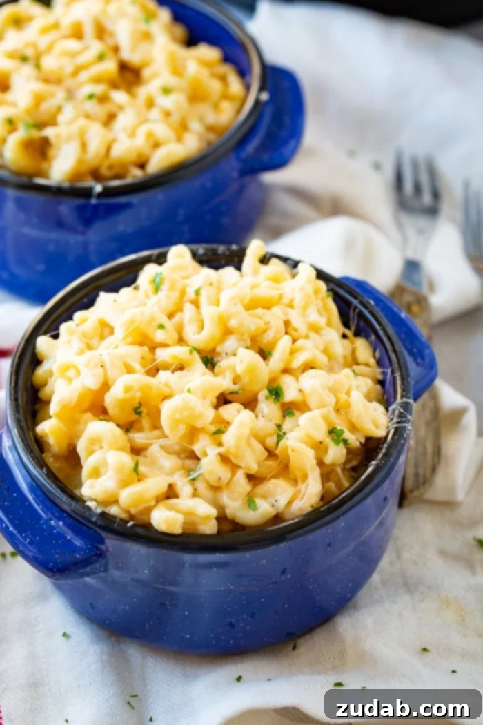 Creamy Instant Pot Southern Macaroni and Cheese 6 A blue dish full of elbow macaroni and cheese, showing its delightful texture after being prepared using the Instant Pot macaroni and cheese recipe.