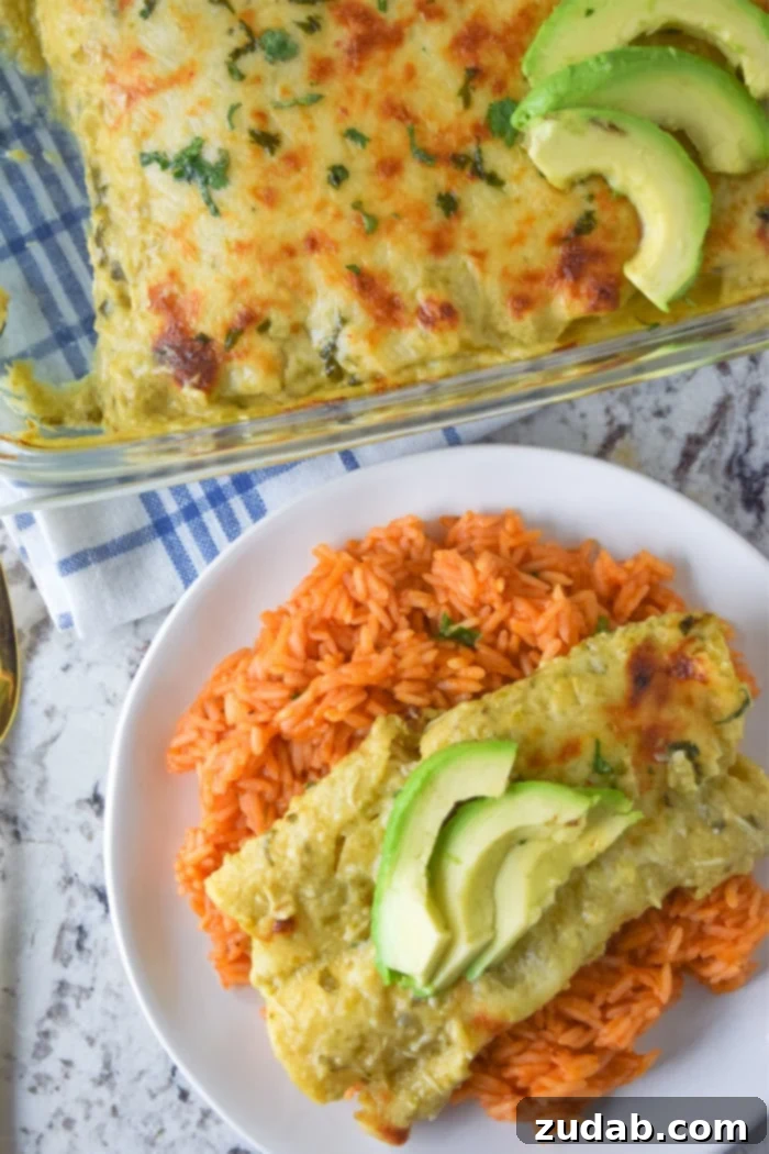 Cheesy chicken enchiladas baked with a homemade roasted tomatillo sauce, perfect for family dinners.