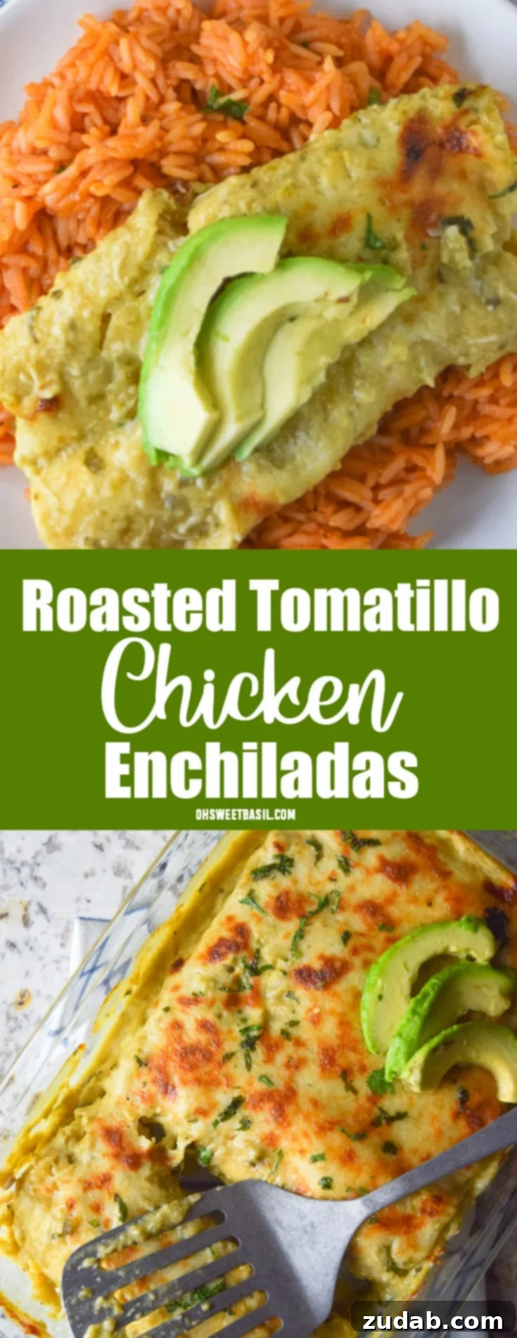 A vibrant table setting featuring Roasted Tomatillo Chicken Enchiladas, garnished with fresh toppings.