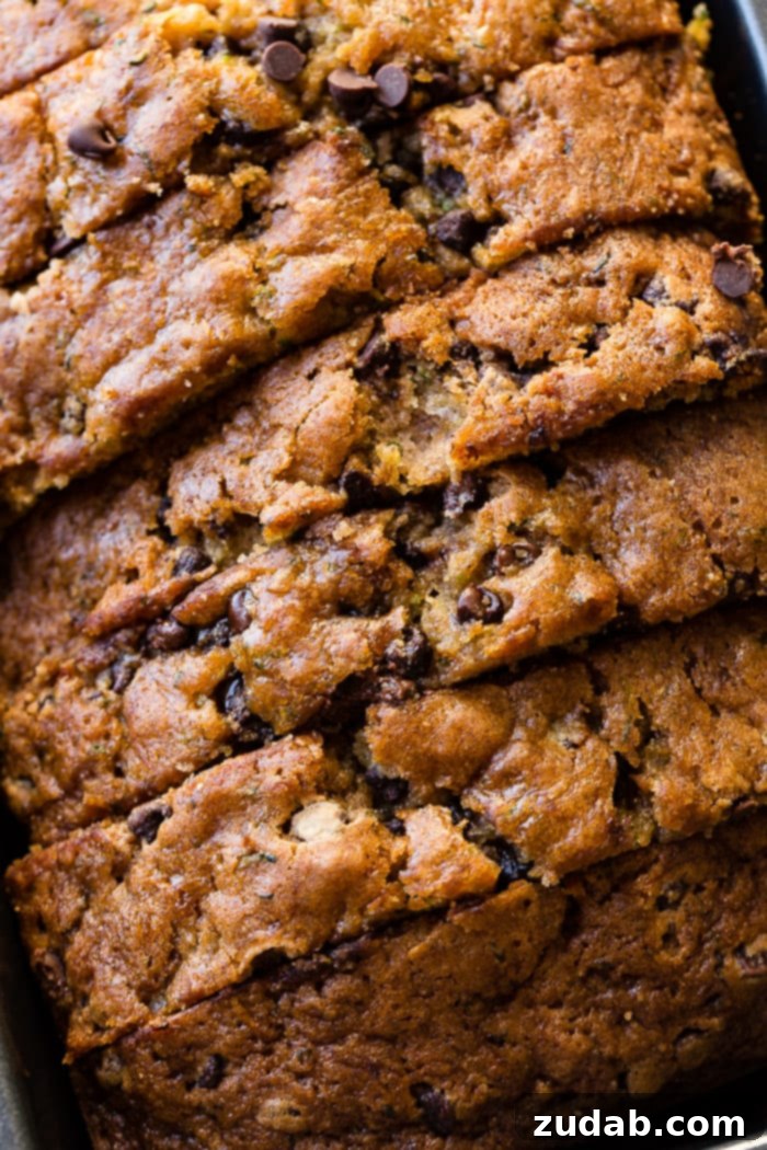 Decadent Chocolate Chip Zucchini Bread 6 an overhead picture of a loaf of sliced chocolate chip zucchini bread still in the bread pan