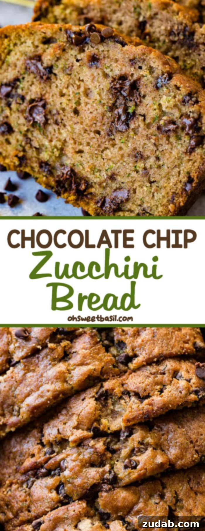 Decadent Chocolate Chip Zucchini Bread 8 a photo of a slice of zucchini bread with two more slices stacked behind it that are full of mini chocolate chips all sitting on the counter with mini chocolate chips sprinkled on the counter in front of the bead
