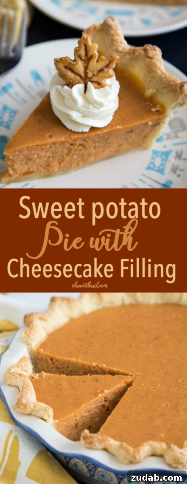 Sweet Potato Cheesecake Pie 3 Beautifully plated slices of sweet potato pie with creamy cheesecake filling, topped with delicate whipped cream and a hint of spice, showcasing a perfect holiday dessert ideal for sharing.