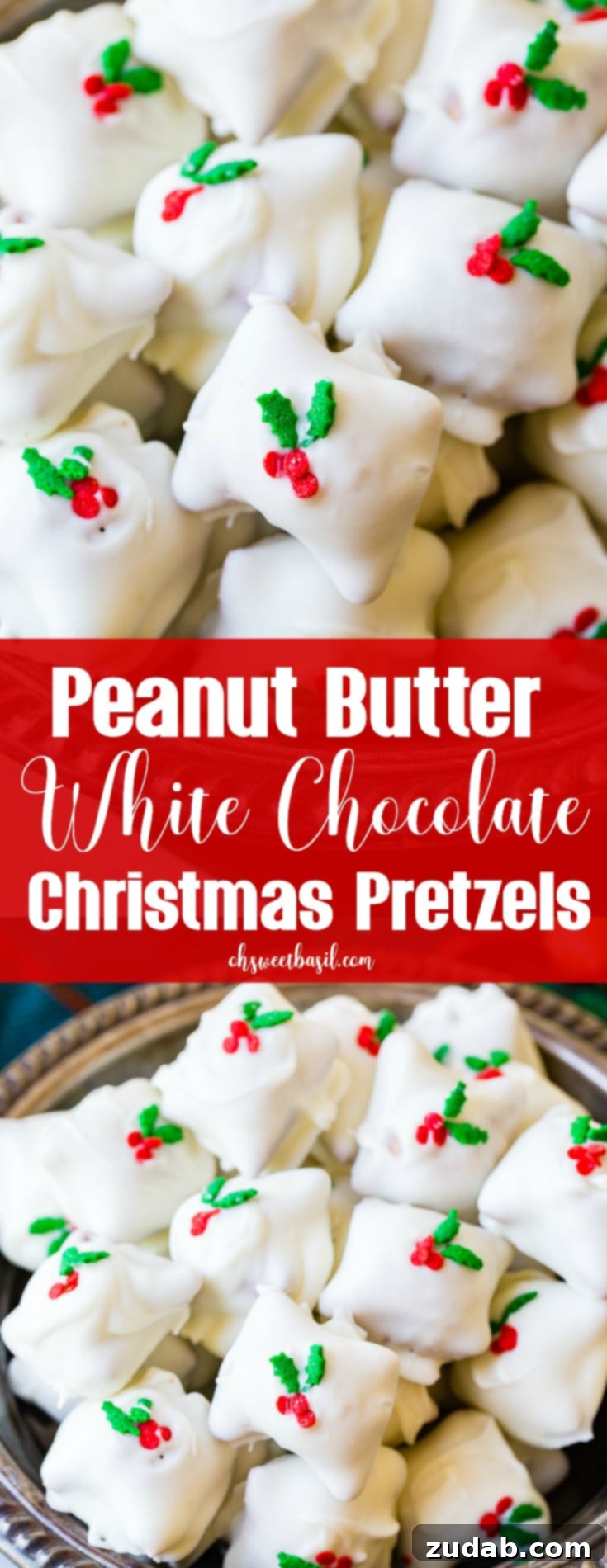 Holiday Peanut Butter White Chocolate Pretzel Crunch 7 A large silver bowl generously filled with white chocolate-dipped peanut butter-filled pretzels, topped with festive holly berry sprinkles, a perfect Christmas treat for sharing.