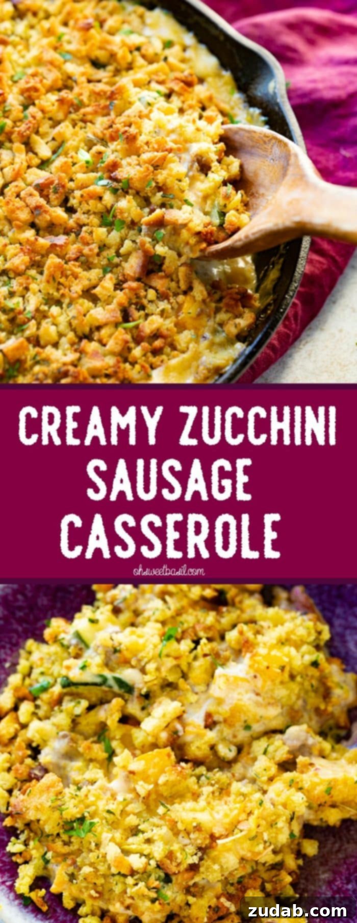 Hearty Creamy Zucchini Sausage Bake 10 A cast iron skillet generously filled with creamy zucchini sausage casserole, topped with golden-brown stuffing, being served with a wooden spoon. It rests on a purple cloth napkin on a wooden table, with fresh garden vegetables in the background, creating a comforting autumn scene.