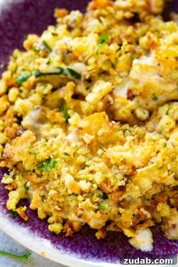 Hearty Creamy Zucchini Sausage Bake 6 A detailed close-up of a serving of cheesy zucchini sausage casserole, topped with golden stuffing, presented in an elegant purple bowl, emphasizing its hearty and inviting texture.