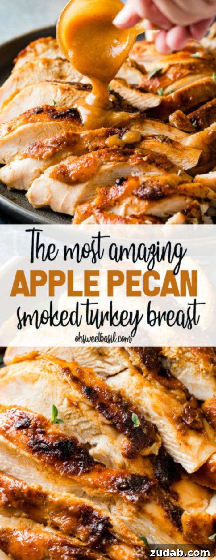 A stunning close-up of sliced apple pecan smoked turkey breast, with rich gravy drizzled over, on a grey serving plate.
