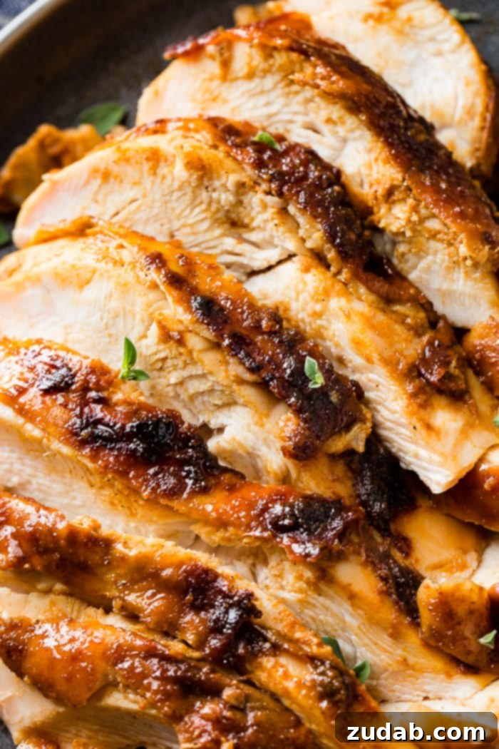 Close-up of a dark grey plate with perfectly sliced smoked turkey breast, garnished with fresh thyme.