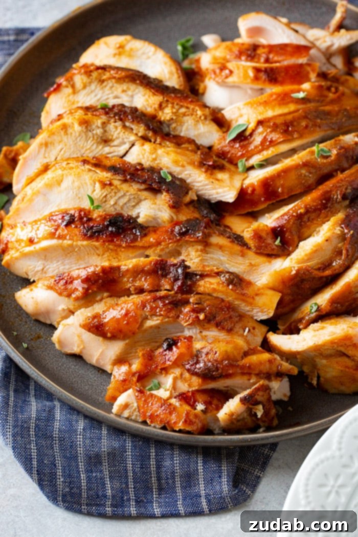 A dark grey plate with thinly sliced apple pecan smoked turkey breast, garnished with fresh thyme leaves.