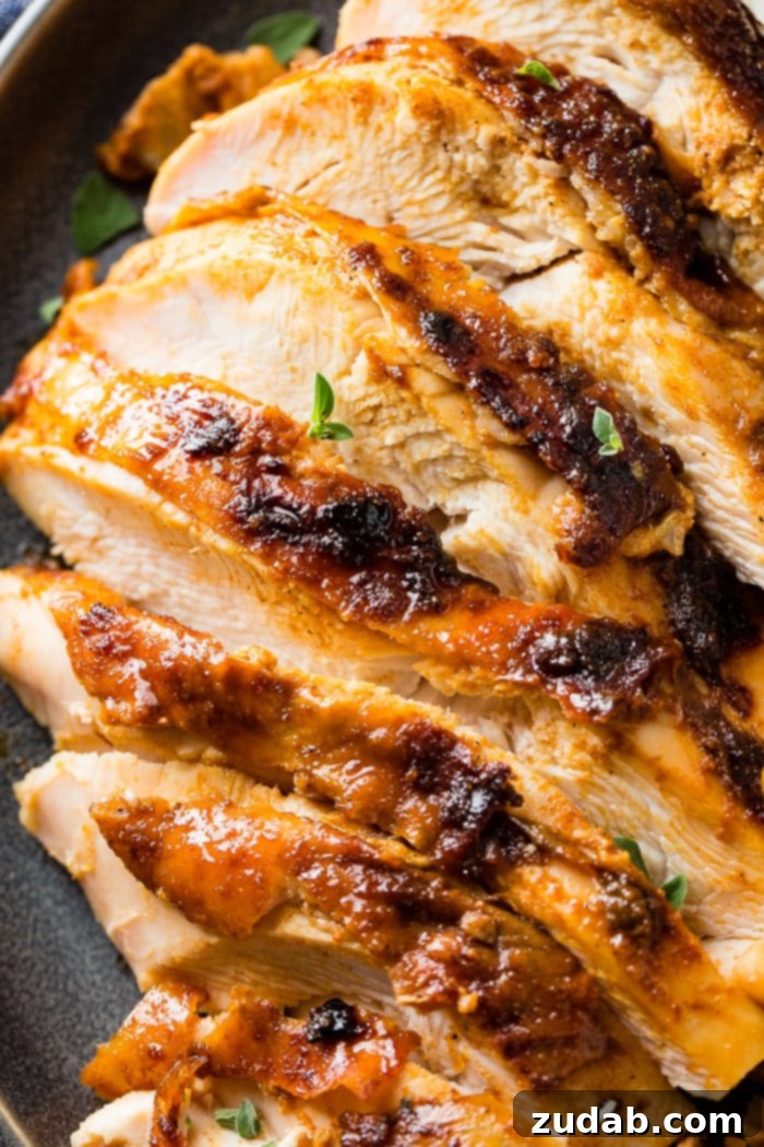 A dark grey plate with perfectly sliced apple pecan smoked turkey breast, garnished with fresh thyme.
