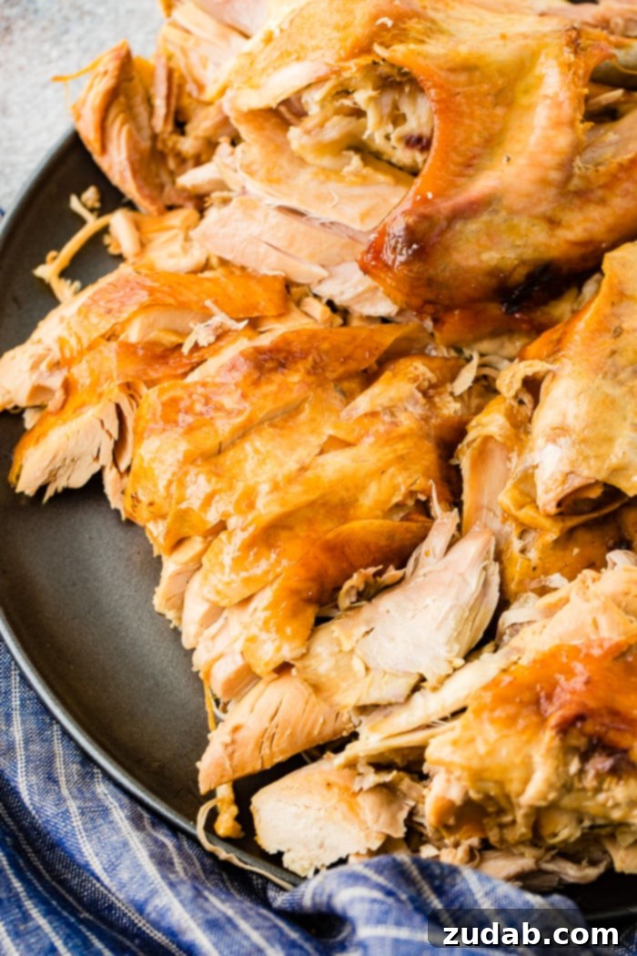 A grey platter displaying succulent, shredded turkey, meticulously cooked using the innovative 'turkey in a bowl' method, promising a delightful texture.