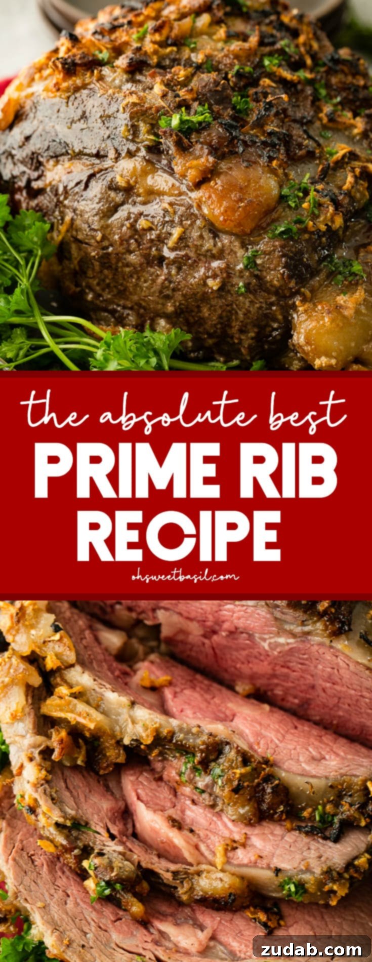 The Ultimate Prime Rib Recipe 7 A large prime rib roast, garnished with fresh herbs and garlic, ready for a holiday dinner
