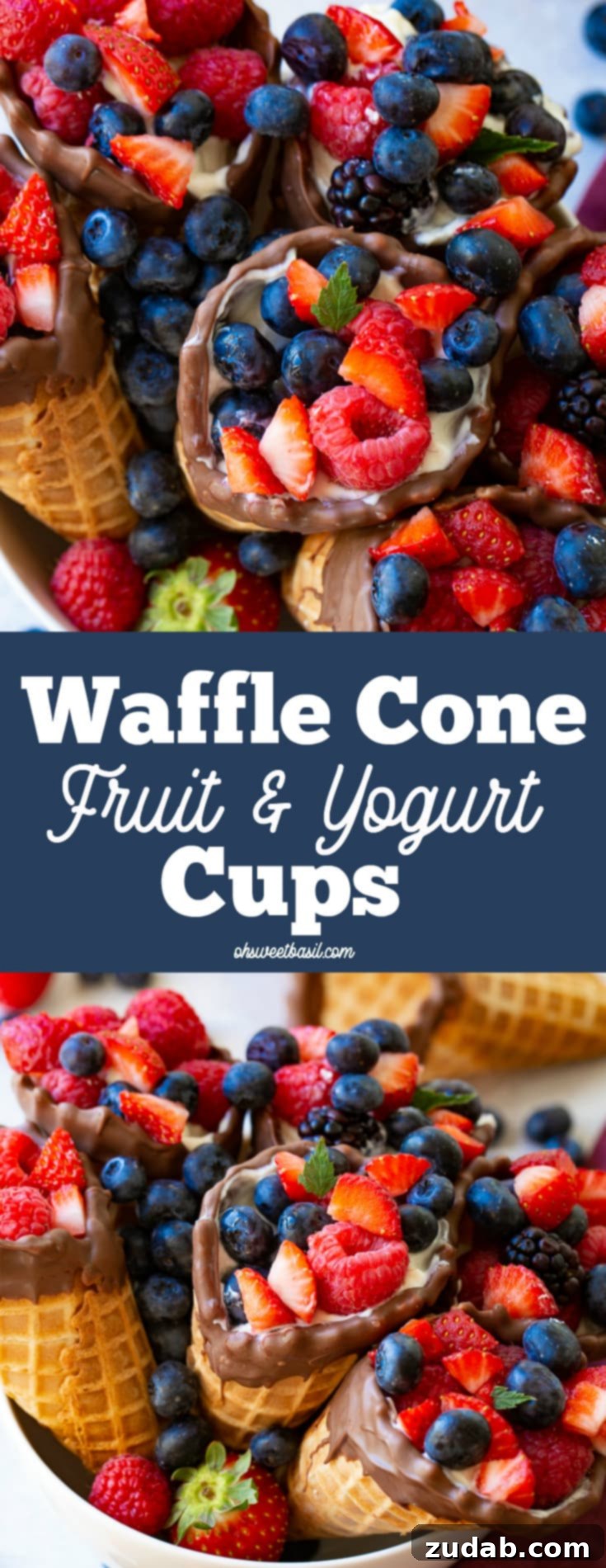 Waffle Cone Fruit Yogurt Parfaits 9 A white bowl with chocolate dipped cones filled with yogurt and fresh berries.