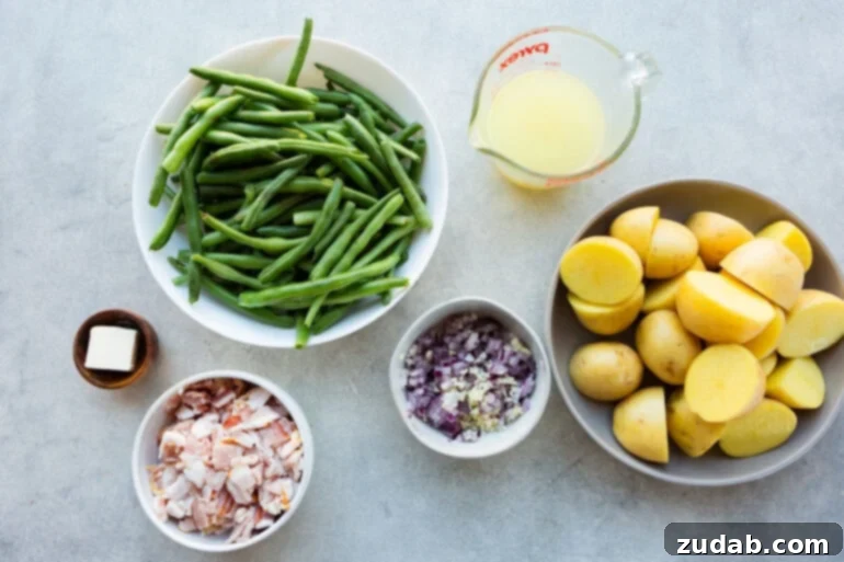 Effortless Instant Pot Green Beans and Potatoes 4 a photo of all the ingredients for green beans and potatoes in separate bowls