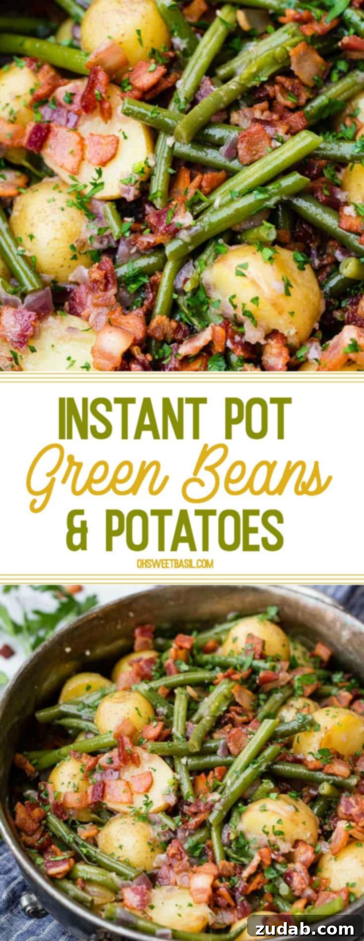 Effortless Instant Pot Green Beans and Potatoes 9 A silver serving dish sitting on a blue cloth napkin that is full of cooked fresh green beans, potatoes, and bacon pieces sprinkled with fresh parsley.