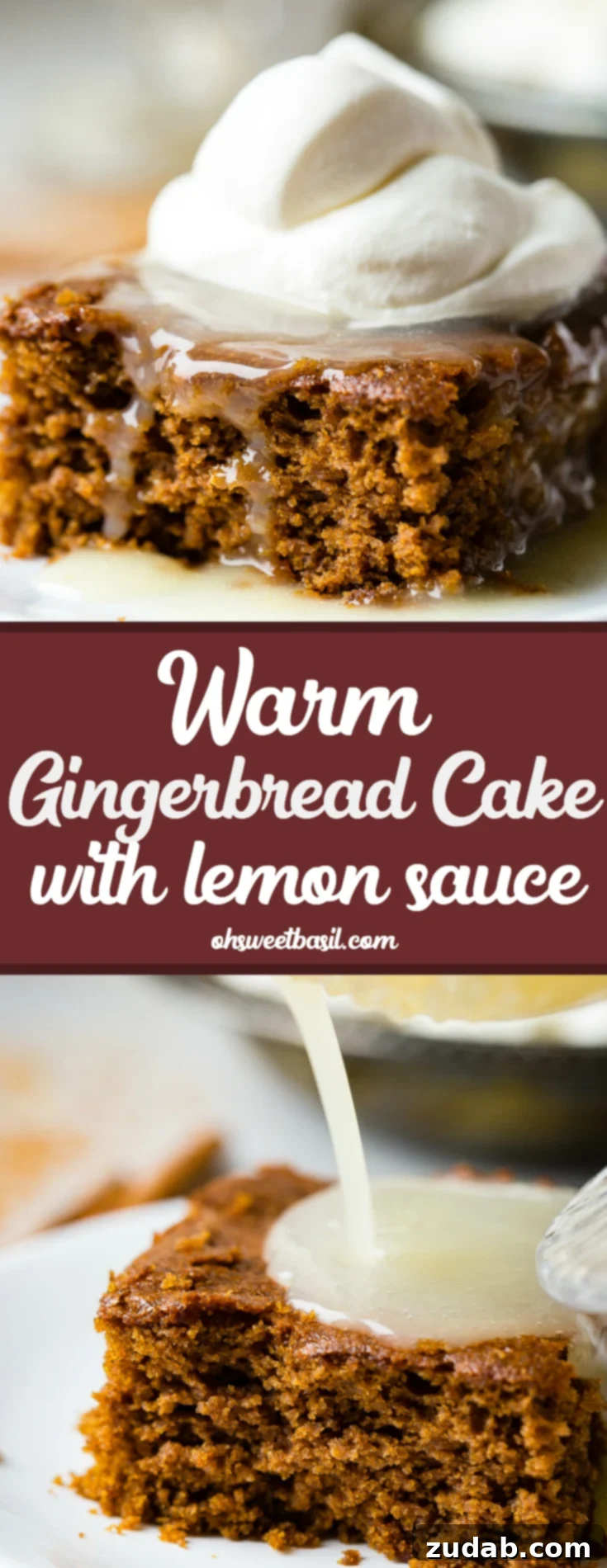 Spiced Ginger Cake with Zesty Lemon Glaze 10 A vibrant, high-angle shot of a warm gingerbread cake slice with a generous helping of lemon sauce and whipped cream, perfect for social sharing.