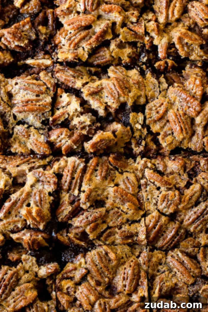 Two pecan pie brownies stacked, showing the contrast between the dark brownie and the golden, nutty topping, ready to be served.