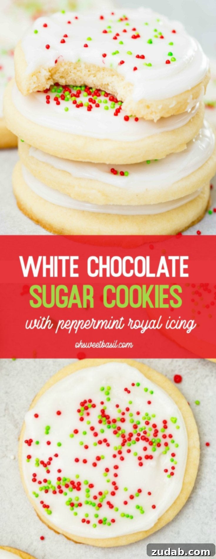 Festive Peppermint White Chocolate Sugar Cookies 10 a photo of a stack of four sugar cookies with white frosting and red and green sprinkles with a bite out of the top cookie
