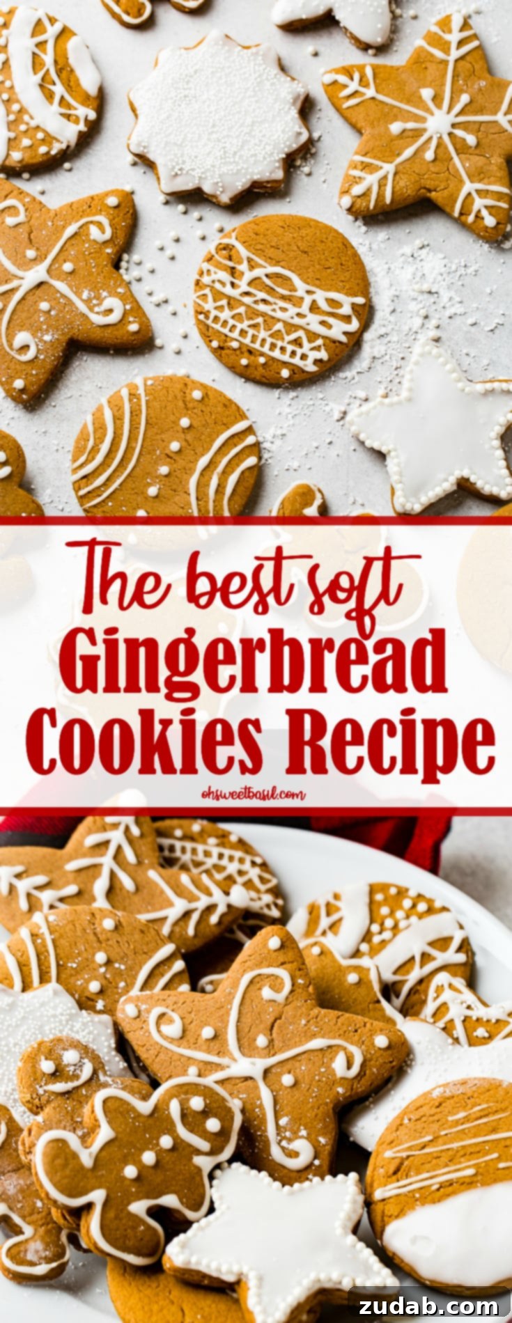 Perfectly Soft Gingerbread Cookies Recipe 9 a grey board with the best soft gingerbread cookies recipe decorated with royal icing.