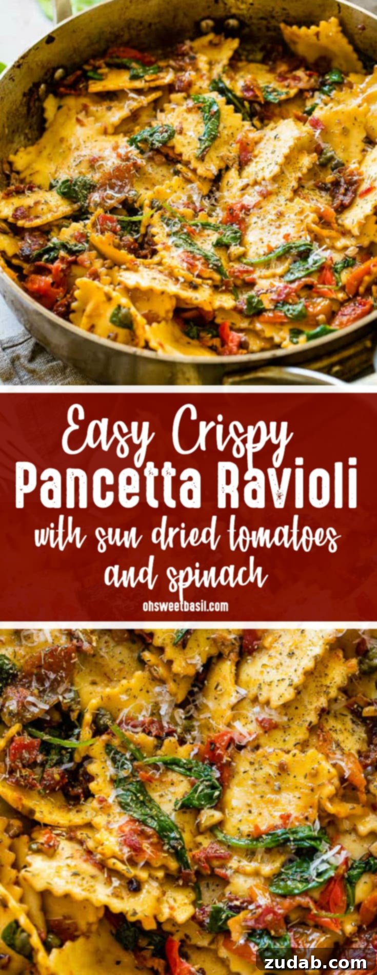 Crispy Pancetta Ravioli: Sun-Kissed Tomato & Spinach Delight 10 A beautifully presented skillet of Easy Crispy Pancetta Ravioli, garnished with fresh herbs and a drizzle of olive oil, showcasing its vibrant ingredients.