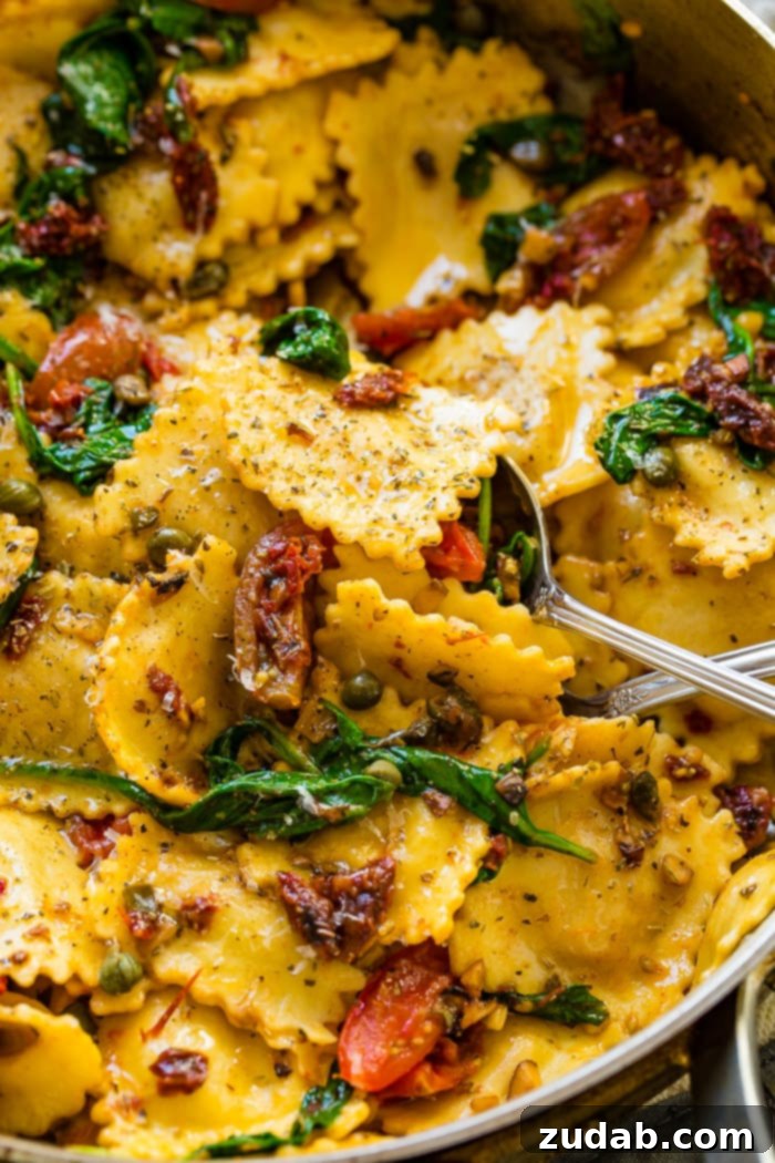 Crispy Pancetta Ravioli: Sun-Kissed Tomato & Spinach Delight 4 A close-up shot of the crispy pancetta ravioli dish, highlighting the golden pasta, rich pancetta, and vibrant sun-dried tomatoes.