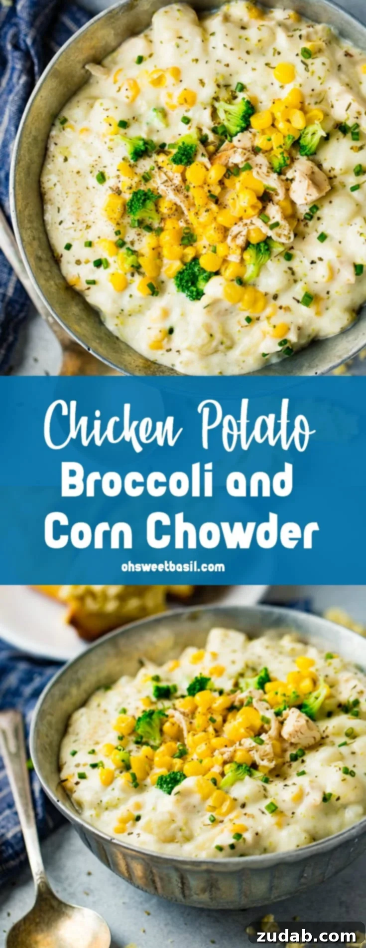 Hearty Chicken & Garden Chowder 6 A large silver bowl brimming with rich and creamy Chicken Potato Broccoli Corn Chowder, garnished with fresh chives, presented on a light grey wooden board next to a blue and white striped towel.