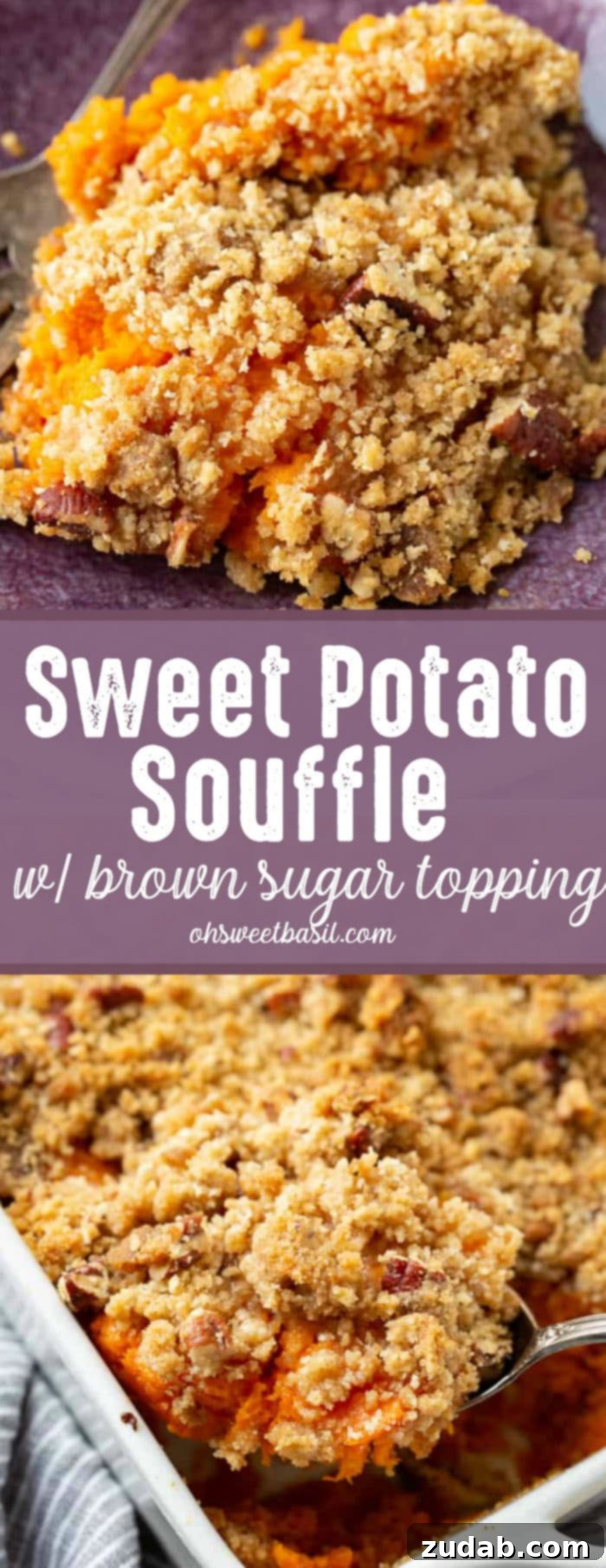 This Sweet Potato Souffle Outshines Ruths Chris 7 A beautiful, golden-brown sweet potato souffle with a crunchy brown sugar topping, captured at an inviting angle in a rustic setting.