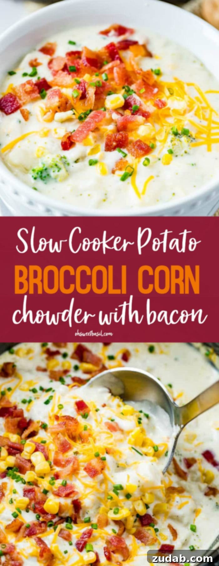 Creamy Slow Cooker Potato, Broccoli & Corn Chowder with Crispy Bacon 6 A large pot of slow cooker potato broccoli corn chowder with bacon, ready to be served, with a wooden spoon.