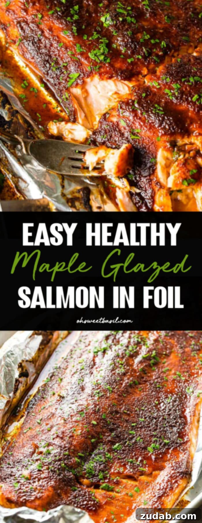 maple glazed salmon in foil with a fork taking a bite