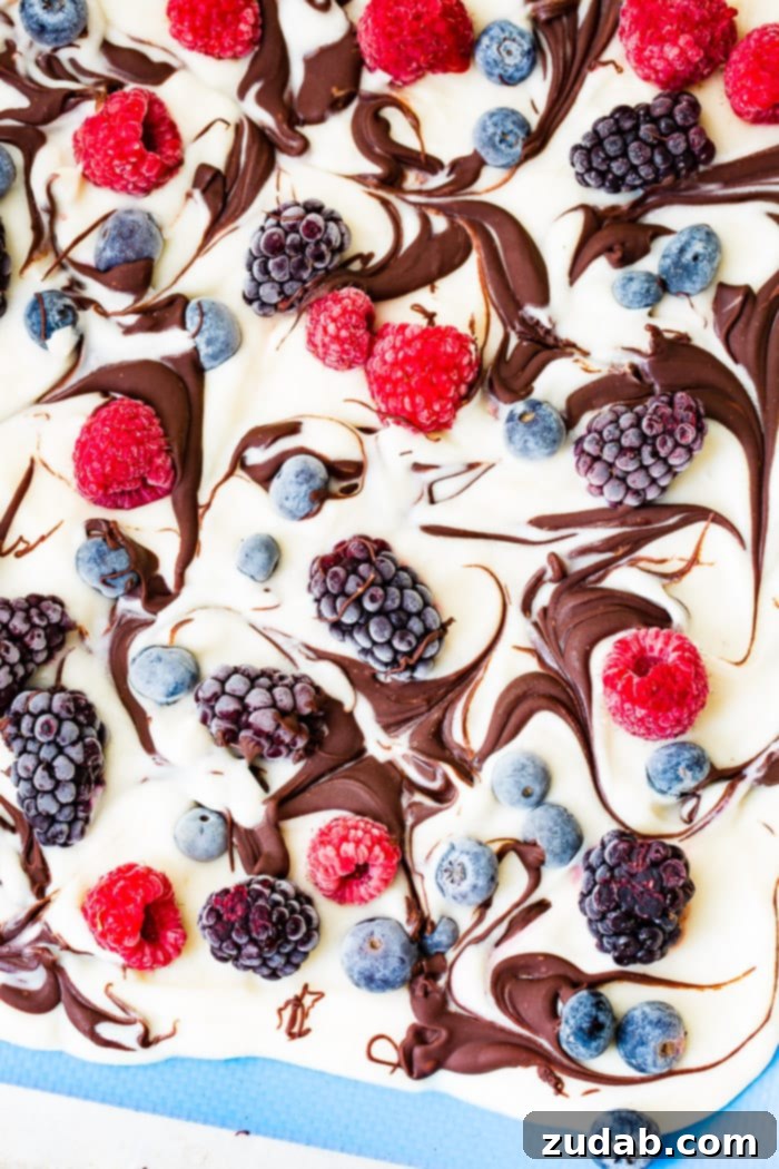 Wholesome Chocolate Ripple Berry Yogurt Bark 5 A large tray of healthy chocolate swirled berry frozen yogurt bark, with vibrant berries and chocolate swirls clearly visible.