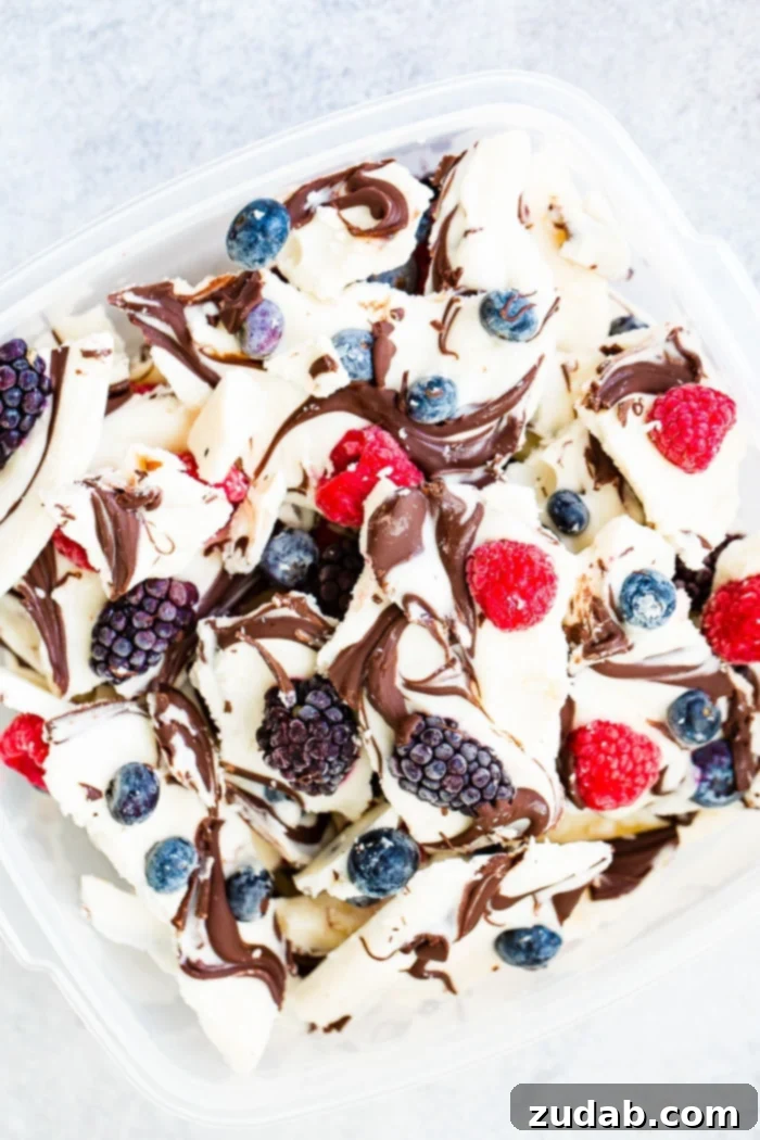 Wholesome Chocolate Ripple Berry Yogurt Bark 7 A close-up view of the healthy chocolate swirled berry frozen yogurt bark, highlighting the intricate chocolate swirls and embedded berries.