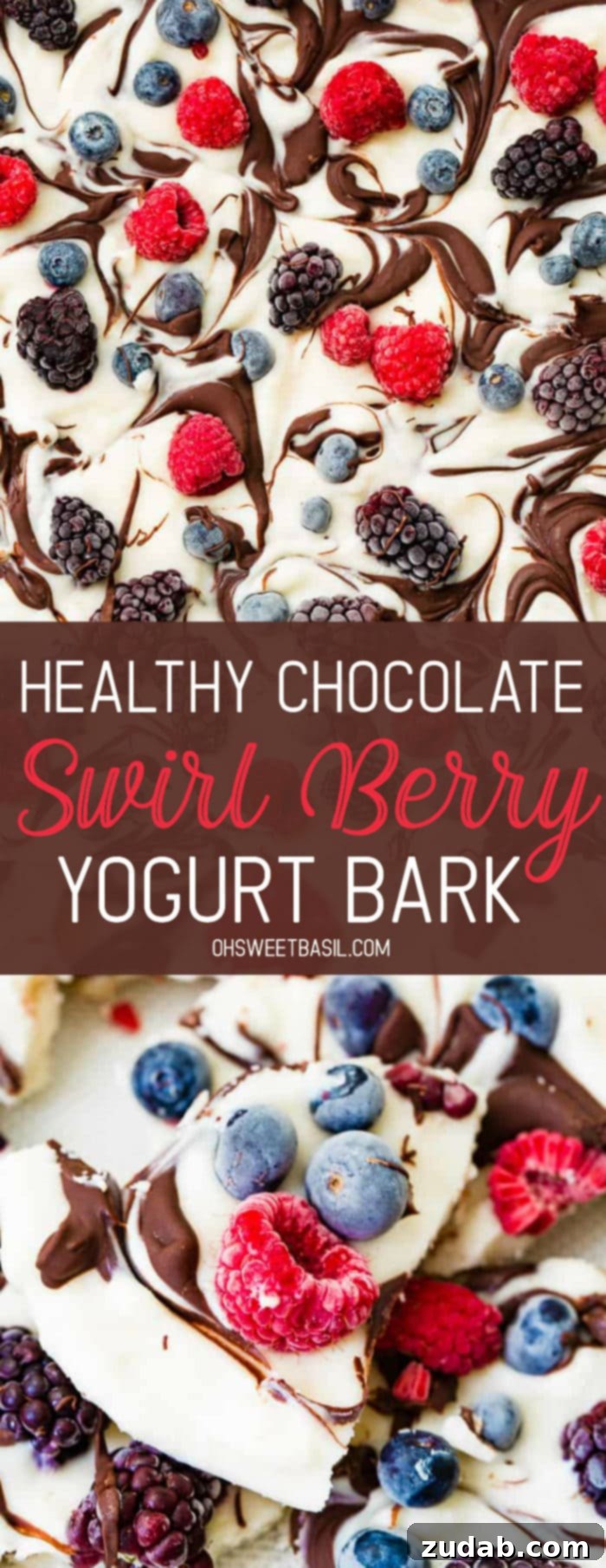 Wholesome Chocolate Ripple Berry Yogurt Bark 9 A beautifully composed flat lay of healthy chocolate swirled berry frozen yogurt bark, fresh berries, and melted chocolate, inviting a delicious healthy snack.